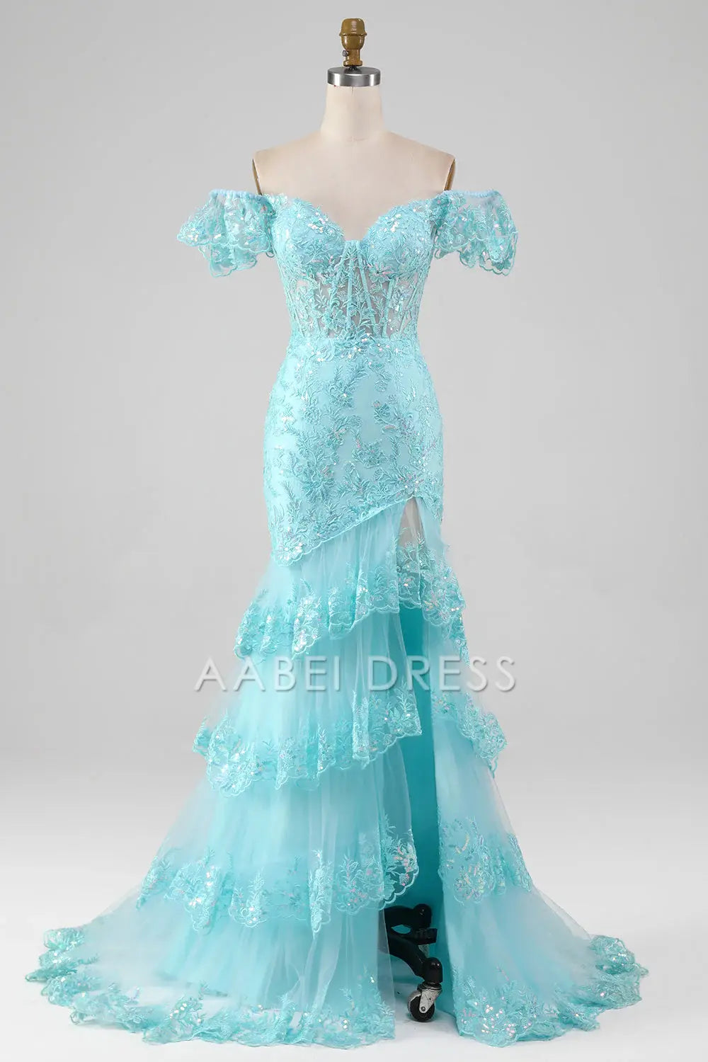 AABEI DRESS Hot Sale Prom Dress Mermaid Off The Shoulder Lace Sequin Tiers Side Fork Sparkle Long Party Dress