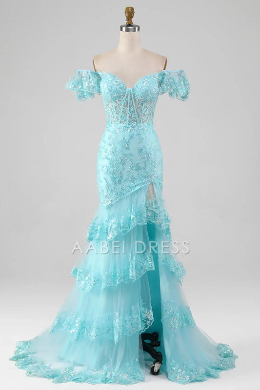 AABEI DRESS Hot Sale Prom Dress Mermaid Off The Shoulder Lace Sequin Tiers Side Fork Sparkle Long Party Dress
