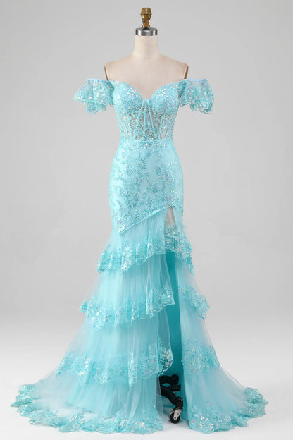 AABEI DRESS Hot Sale Prom Dress Mermaid Off The Shoulder Lace Sequin Tiers Side Fork Sparkle Long Party Dress