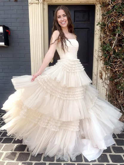 Prom Dress A-Line Strapless Tulle Long with Tiered Ruffles