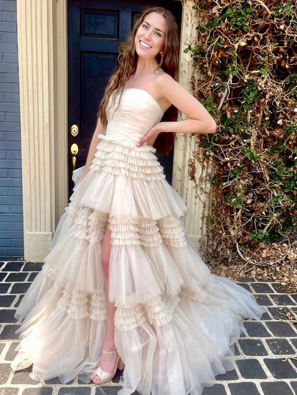 Prom Dress A-Line Strapless Tulle Long with Tiered Ruffles