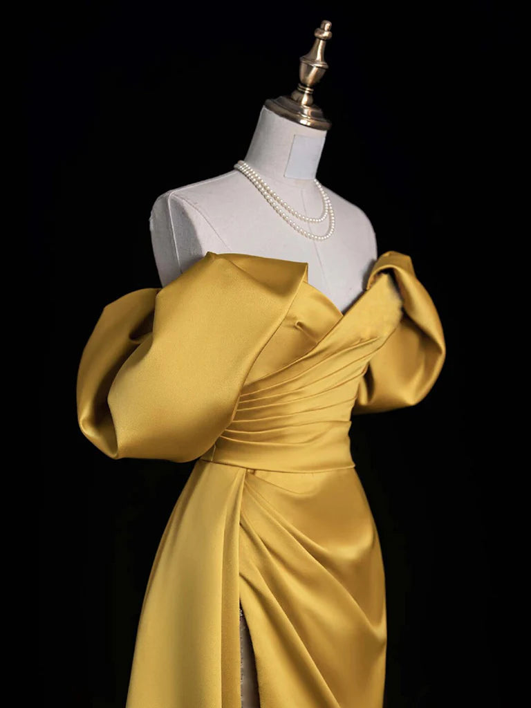 Elegant Fashion A-Line Off Shoulder Satin Gold Long Prom Dress Long Wrinkle Split Fork Luxury Party dress