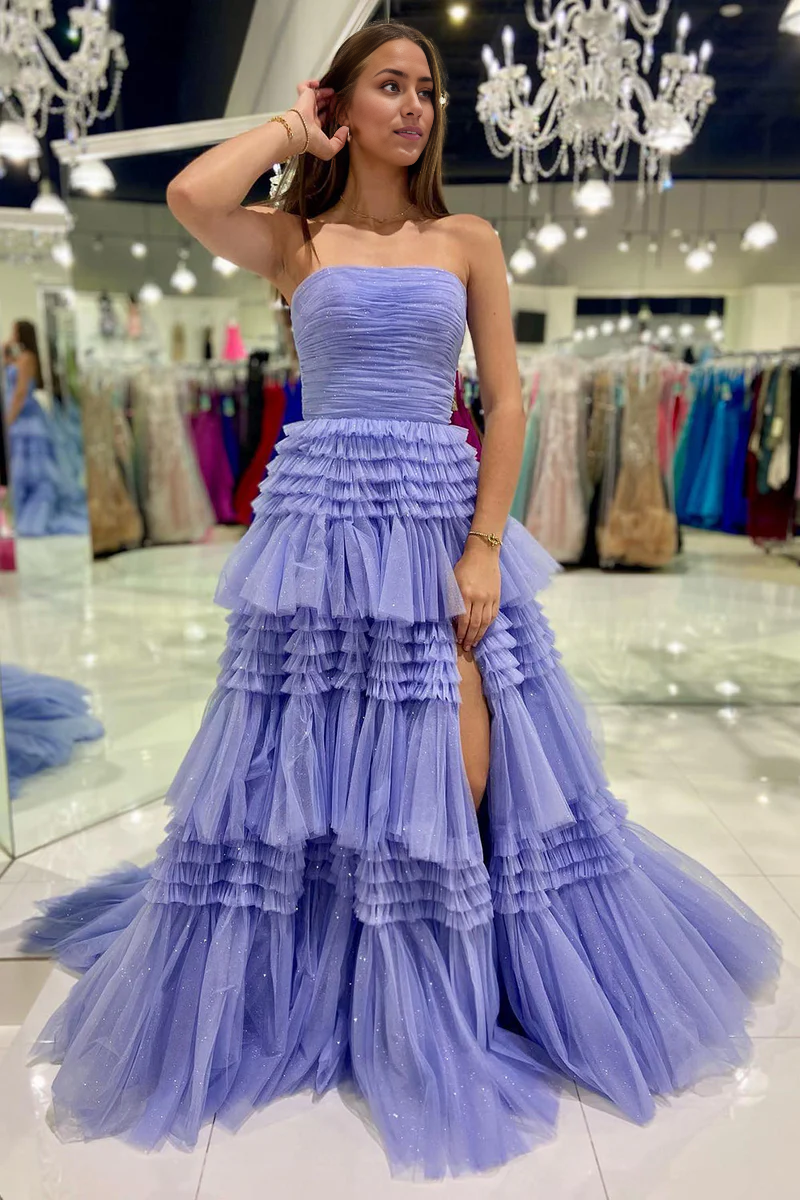 Prom Dress A-Line Strapless Tulle Long with Tiered Ruffles