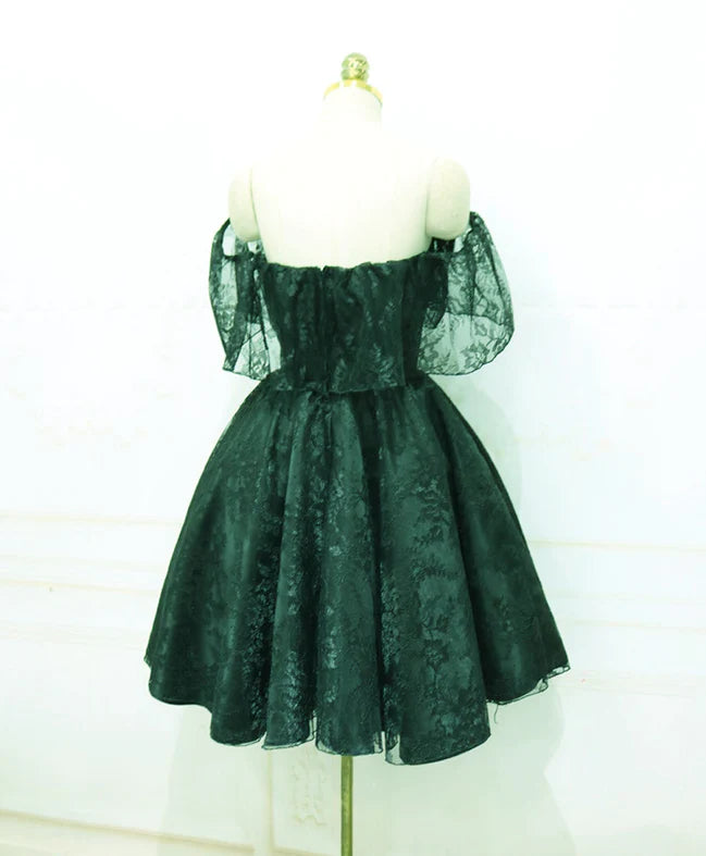 Beautiful Dark Green Lace Off Shoulder Short Party Dress, Lace Homecoming Dress