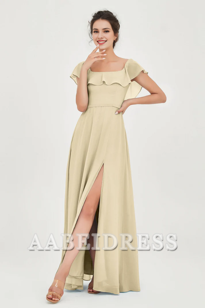 AABEI DRESS Bridesmaid Dresses Chiffon A-Line Square Neckline Flutter Sleeves Ruffle Side Fork Elegant Simple Wedding Guests Dresse