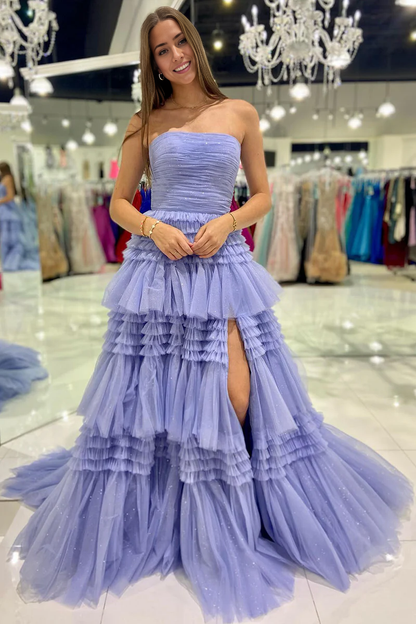 Prom Dress A-Line Strapless Tulle Long with Tiered Ruffles