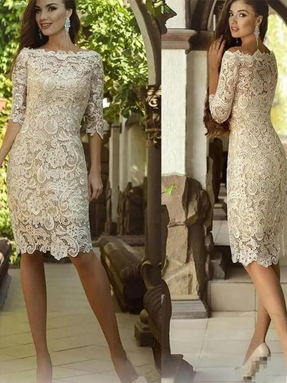 Mother of the Bride Dresses Sheath Column Lace Applique Off-the-Shoulder 3/4 Sleeves Knee Length