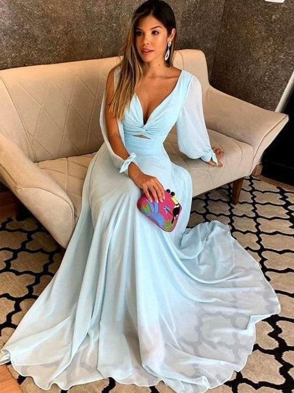 Mother of the Bride Dresses Sheath Chiffon Ruched V-neck Long Sleeves Sweep