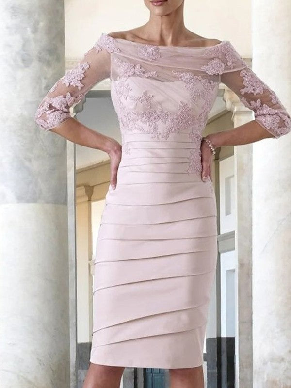 Mother of the Bride Dresses Column Satin Applique 3/4 Sleeves Knee Length