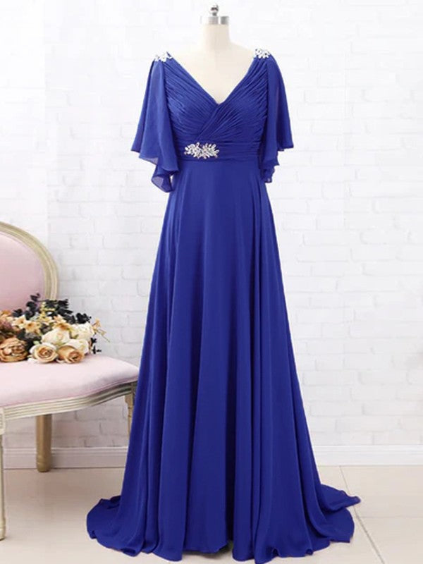 Mother of the Bride Dresses A-Line Chiffon Beading V-neck Short Sleeves Sweep