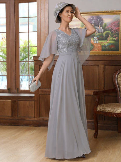 Mother of the Bride Dresses A-Line Princess Chiffon Applique V-neck 1/2 Sleeves Floor-Length