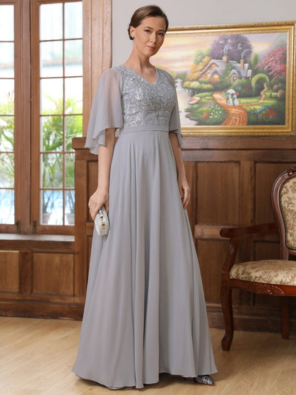 Mother of the Bride Dresses A-Line Princess Chiffon Applique V-neck 1/2 Sleeves Floor-Length