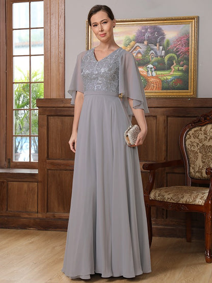 Mother of the Bride Dresses A-Line Princess Chiffon Applique V-neck 1/2 Sleeves Floor-Length