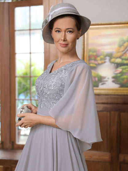 Mother of the Bride Dresses A-Line Princess Chiffon Applique V-neck 1/2 Sleeves Floor-Length