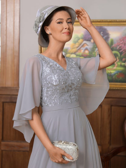 Mother of the Bride Dresses A-Line Princess Chiffon Applique V-neck 1/2 Sleeves Floor-Length