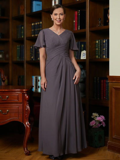 Mother of the Bride Dresses A-Line Princess Chiffon Ruched V neck Short Sleeves Floor Length