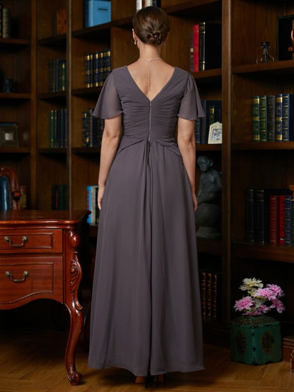 Mother of the Bride Dresses A-Line Princess Chiffon Ruched V neck Short Sleeves Floor Length