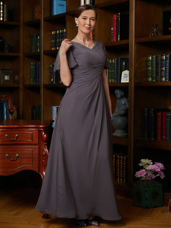 Mother of the Bride Dresses A-Line Princess Chiffon Ruched V neck Short Sleeves Floor Length