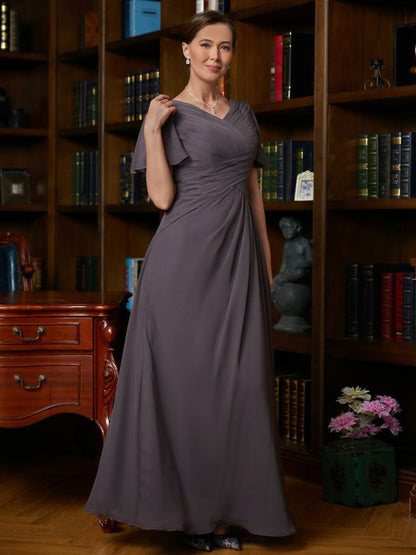 Mother of the Bride Dresses A-Line Princess Chiffon Ruched V neck Short Sleeves Floor Length