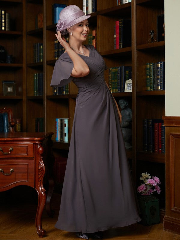 Mother of the Bride Dresses A-Line Princess Chiffon Ruched V neck Short Sleeves Floor Length