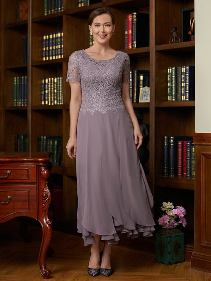 Mother of the Bride Dresses A-Line Princess Chiffon Lace Short Sleeves Ankle-Length