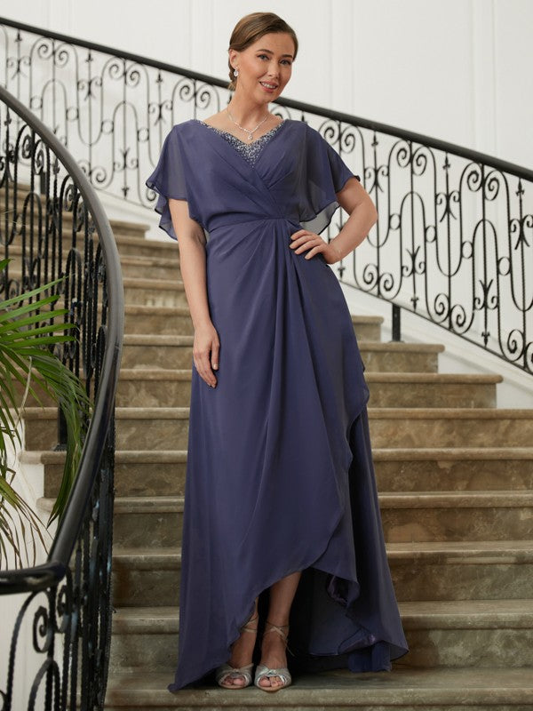 Mother of the Bride Dresses A-Line Princess Chiffon Beading V-neck Short Sleeves Asymmetrical