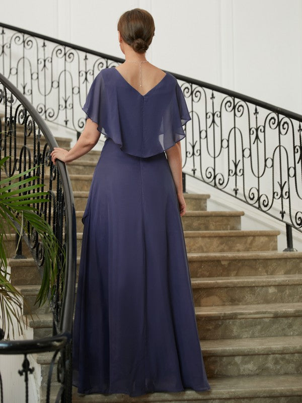 Mother of the Bride Dresses A-Line Princess Chiffon Beading V-neck Short Sleeves Asymmetrical