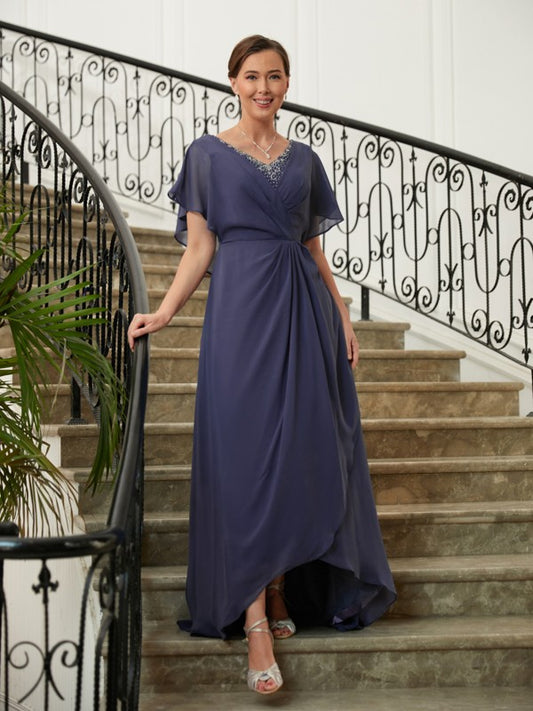 Mother of the Bride Dresses A-Line Princess Chiffon Beading V-neck Short Sleeves Asymmetrical