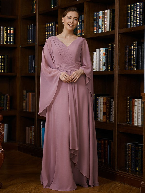 Mother of the Bride Dresses A-Line Chiffon Ruched V-neck 3/4 Sleeves Floor Length