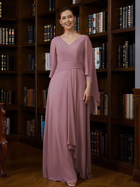 Mother of the Bride Dresses A-Line Chiffon Ruched V-neck 3/4 Sleeves Floor Length