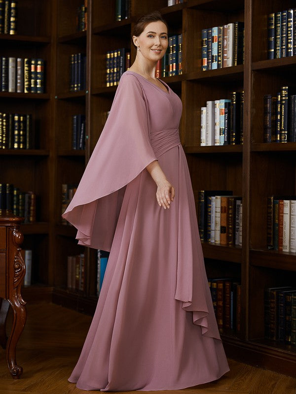 Mother of the Bride Dresses A-Line Chiffon Ruched V-neck 3/4 Sleeves Floor Length