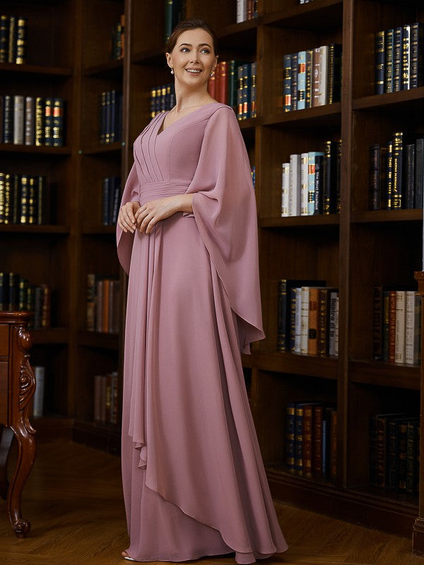 Mother of the Bride Dresses A-Line Chiffon Ruched V-neck 3/4 Sleeves Floor Length