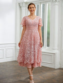 A-Line Chiffon Applique V-neck Short Sleeves Length Dresses