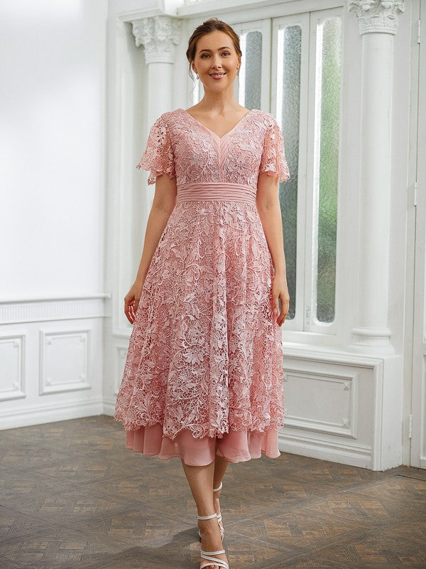 A-Line Chiffon Applique V-neck Short Sleeves Length Dresses