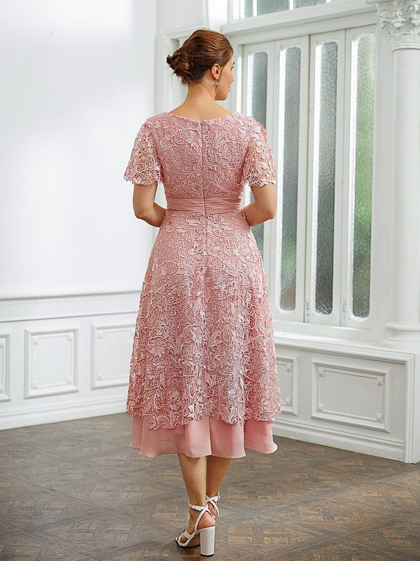 A-Line Chiffon Applique V-neck Short Sleeves Length Dresses