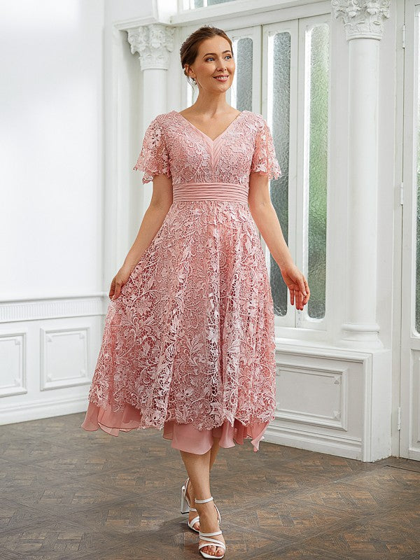 A-Line Chiffon Applique V-neck Short Sleeves Length Dresses