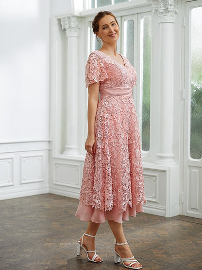 A-Line Chiffon Applique V-neck Short Sleeves Length Dresses