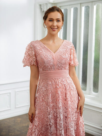 A-Line Chiffon Applique V-neck Short Sleeves Length Dresses