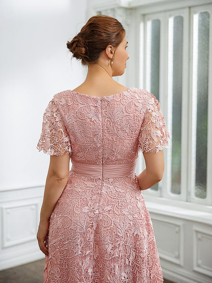 A-Line Chiffon Applique V-neck Short Sleeves Length Dresses