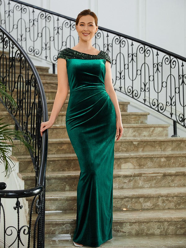 Mother of the Bride Dresses Sheath Velvet Ruched V-neck Sleeveless Floor Length