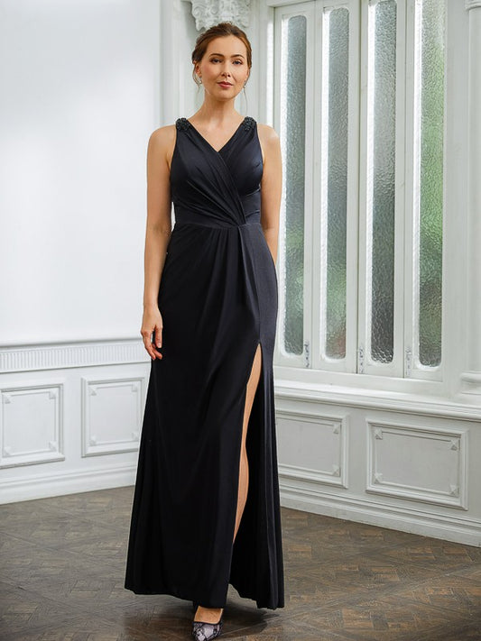 Mother of the Bride Dresses Column Jersey Ruched V neck Sleeveless Floor-Length