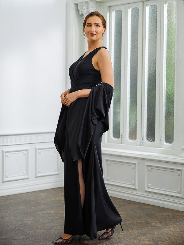 Mother of the Bride Dresses Column Jersey Ruched V neck Sleeveless Floor-Length