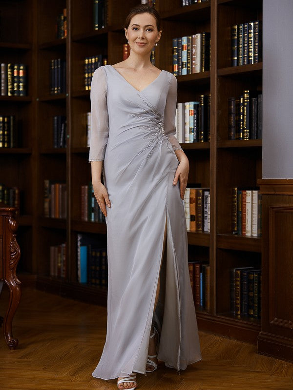 Mother of the Bride Dresses Sheath Chiffon Beading V-neck 3/4 Sleeves Floor-Length