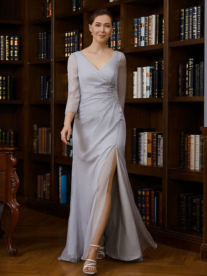 Mother of the Bride Dresses Sheath Chiffon Beading V-neck 3/4 Sleeves Floor-Length