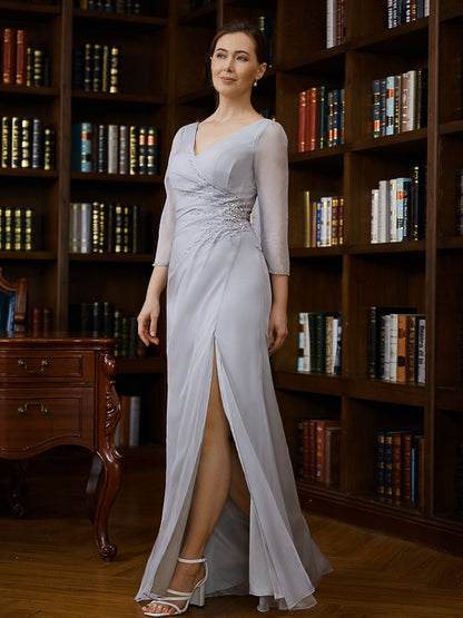 Mother of the Bride Dresses Sheath Chiffon Beading V-neck 3/4 Sleeves Floor-Length