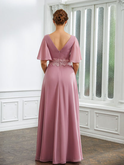 Mother of the Bride Dresses A-Line Chiffon Ruched V-neck 1/2 Sleeves Floor-Length