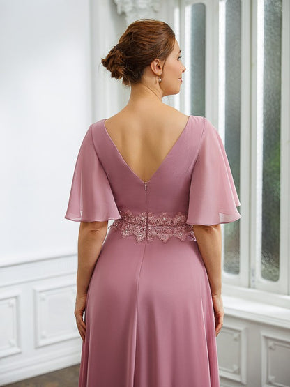 Mother of the Bride Dresses A-Line Chiffon Ruched V-neck 1/2 Sleeves Floor-Length