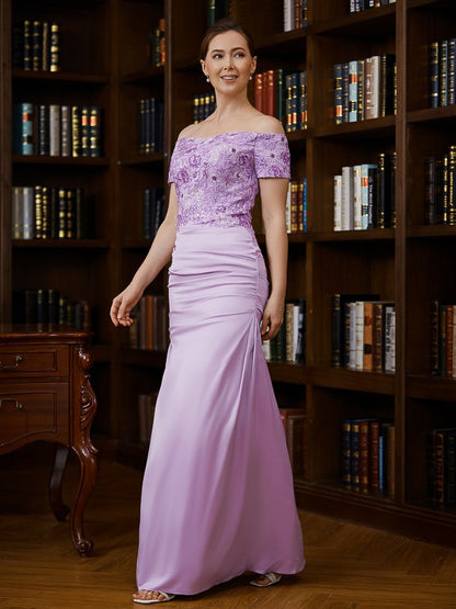 Mother of the Bride Dresses Column Ruched Off-the-Shoulder Short Sleeves Floor-Length