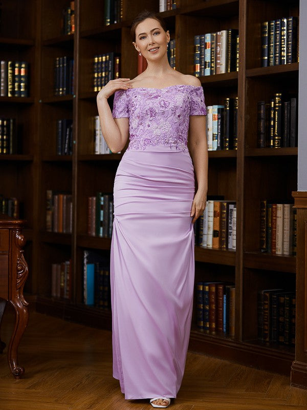 Mother of the Bride Dresses Column Ruched Off-the-Shoulder Short Sleeves Floor-Length