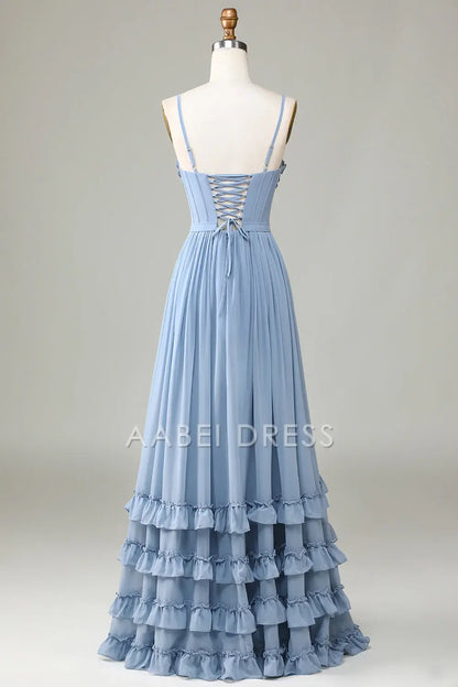 AABEI DRESS Hot Sale Prom Dress Elegant A Line Corset Spaghetti Straps Criss Cross Back Ruched Long Party Dress